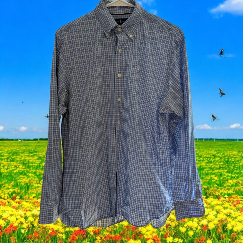 Men's Ralph Lauren Button Down Shirt Large 100% Cotton Blue Pink Plaid LS